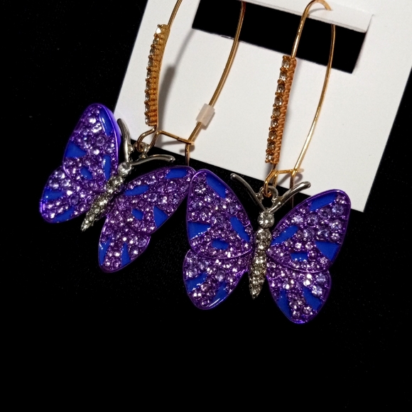 Betsey Johnson Spring Purple Butterfly Drop Earrings - Picture 2 of 3